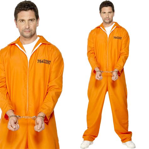 Mens Convict Fancy Dress Costume Orange Prison Jumpsuit Inmate Prisoner