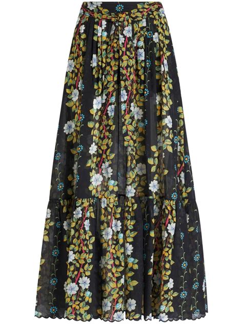 ETRO Floral Print Cotton Maxi Skirt Black FARFETCH