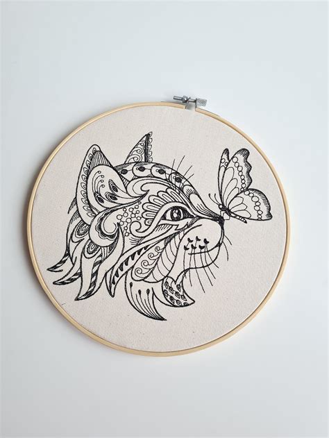 Embroidery Hoop Art cat and Butterfly. - Etsy