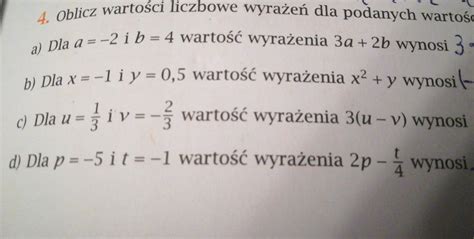 Oblicz wartości liczbowe wyrażeń dla podanych wartości zamiennych