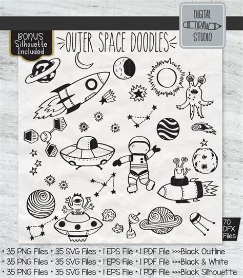 Outer Space Hand Drawn Graphics Planets Astronauts And Rocket Ship