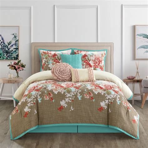 Lanco Carolina Floral 7 Piece Comforter Set Aquabrown Bed Size Queen 100 Polyester Fill