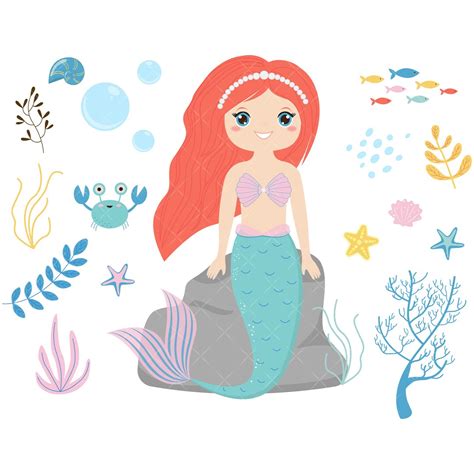 Cute Mermaid Clipart, Ocean Clipart, Crab Clip Art, Sea Life Clipart ...