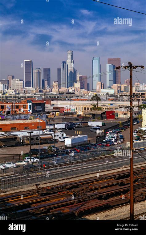 Train Tracks and downtown Los Angeles skyline, California, USA Stock ...