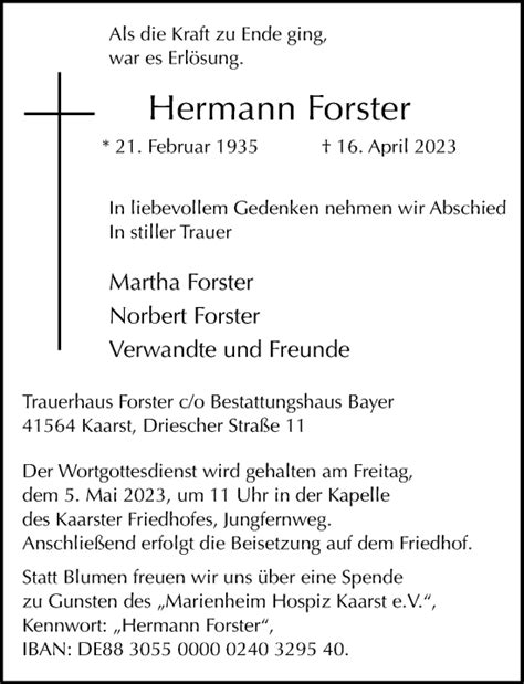 Alle Traueranzeigen für Hermann Forster trauer rp online de