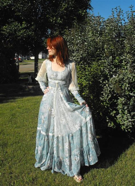 Vintage Gunne Sax Dress Blue Floral Sheer Lace Prairie Corset