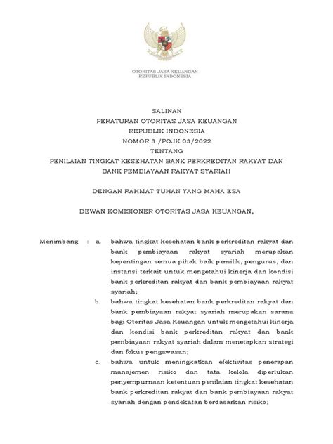 Pojk - 3 - 2022 - Penilaian Tks BPR Dan Bprs | PDF