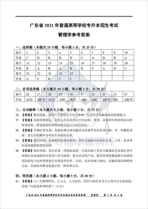 广东省2021年普通专升本专插本考试《管理学》真题参考答案