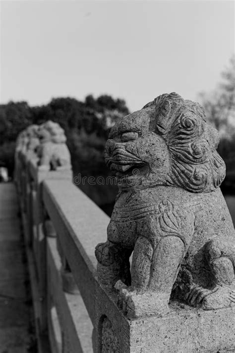 Ancient Vivid Stone Lion On The Bridge In Beijingchina In Black And