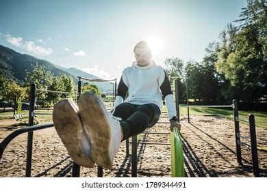 Athletic Male Athlete Naked Torso Trains Stock Photo