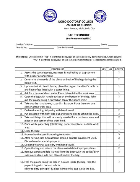 Chn 1 Skills Bag Technique Checklist Iloilo Doctors College