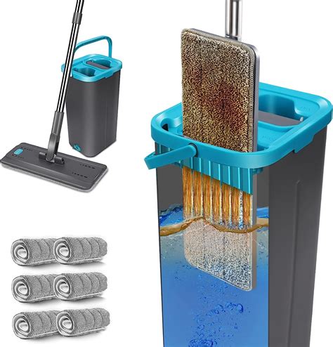 Midyb Flat Mop And Buckets Sets Floor Mop And Bucket Set With 6 Reusable Pads And 144cm Handle