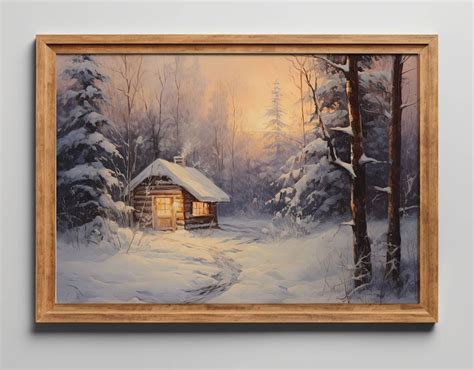 Vintage Snowy Winter Cabin Oil Painting, Beautiful Winter Print, Cold ...