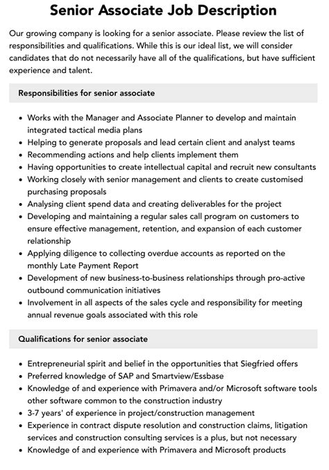 Senior Associate Job Description Velvet Jobs