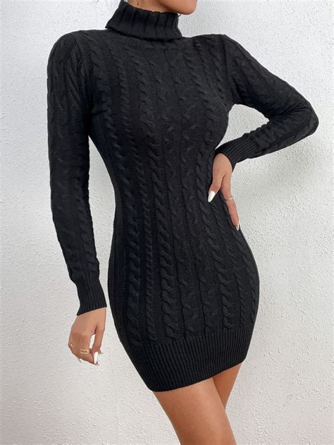 High Neck Cable Knit Bodycon Jumper Dress Sweater Dress Bodycon