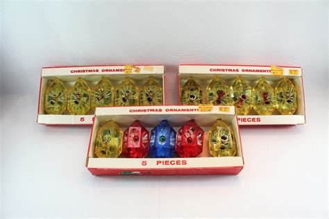 Vintage Plastic Christmas Ornaments Jewel Brite Diorama Hexagon Gold