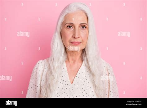 Portrait Of Attractive Content Grey Haired Woman Wearing Pinup Blouse Isolated Over Pink Pastel