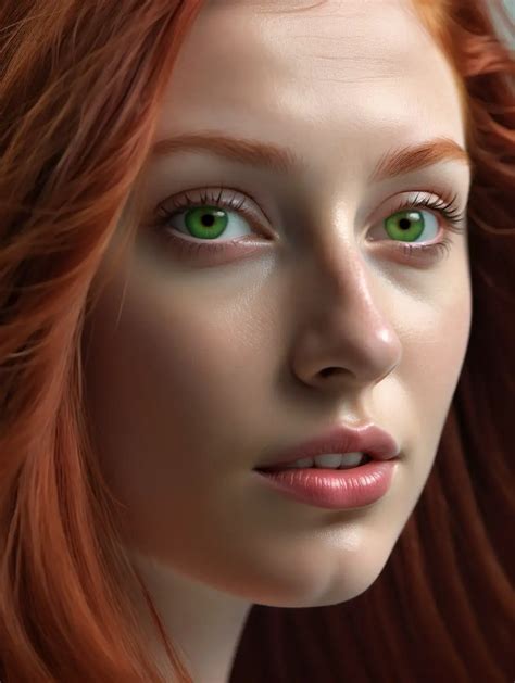 Hyperrealistic Portrait Photography Of Magella Green With Long Red Hair