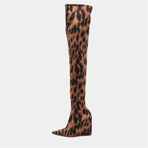 Amina Muaddi Brown Black Fabric Leopard Print Wedge Over The Knee Boots