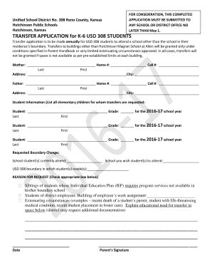 Fillable Online TRANSFER APPLICATION For K 6 USD 308 STUDENTS Fax Email