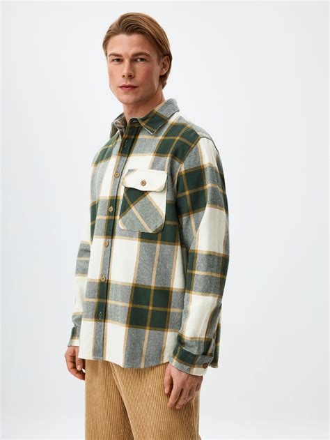 Рубашка в клетку из фланели цвет: бежево-зеленый, артикул: 4801110505 ...