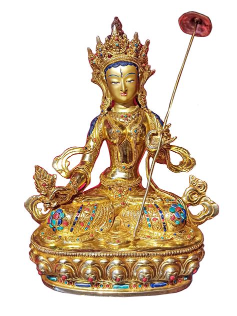 Green Tara Buddhist Handmade Statue Partly Gold Plated With Face