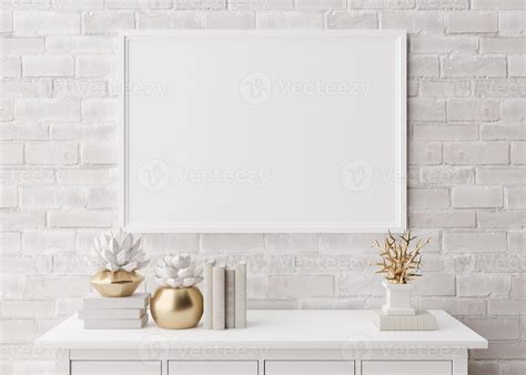 Empty horizontal picture frame on white brick wall in modern living