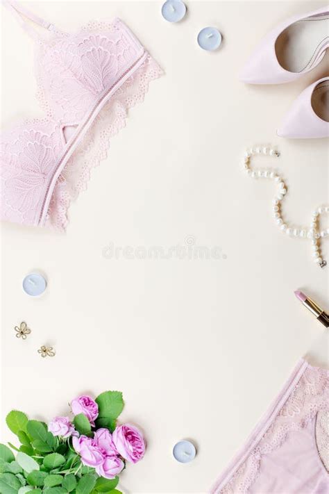 Woman Elegant Pink Lace Bra And Panties Pumps And Jewelry Stylish Lingerie Flat Lay Stock