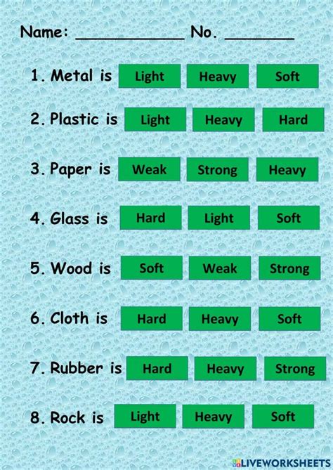 Properties of Materials online worksheet for 2