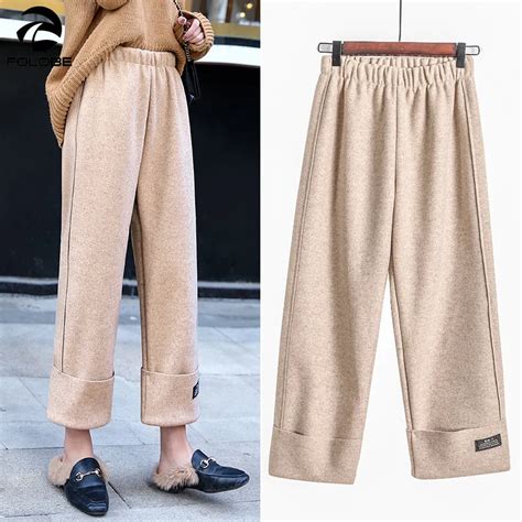 Folobe New Fashion Autumn Winter Women Woolen Trousers Wide Leg Pants