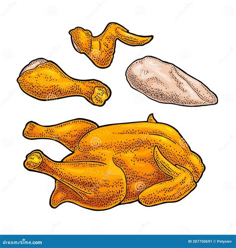 Ala Entera De La Pierna Pollo Asado Ilustración De Grabado En Color