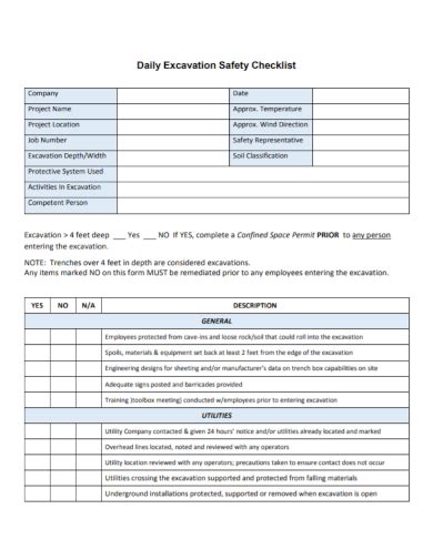 Free Excavation Checklist Samples Safety Inspection Daily