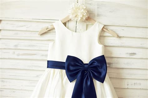 Ivory Satin Flower Girl Dress Navy Blue Belt Bow Princessly