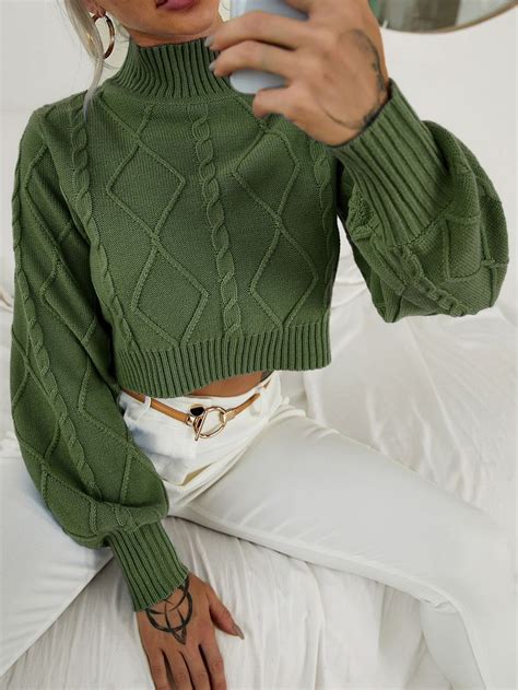 Funnel Neck Cable Knit Lantern Sleeve Sweater Cropped Sweater