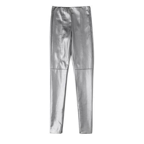 2017 Autumn Winter Women Elegant Silver Skinny Faux Leather Pants Sexy