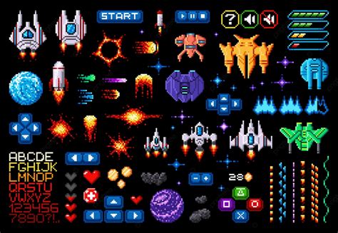 Space Game Asset 8bit Pixel Art Galaxy Planets Isolated Shoot Arrow