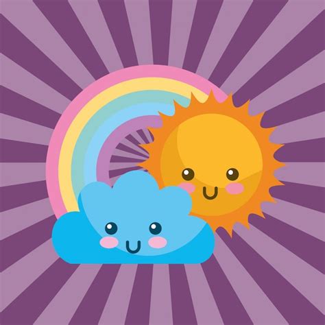 Linda Nube De Sol Kawaii Y Dibujos Animados De Arco Iris Redondo