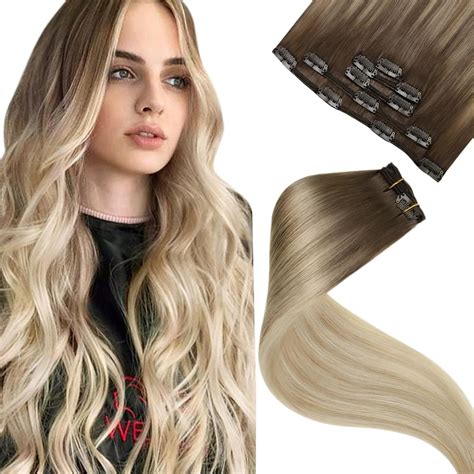 Laavoo Clip In Hair Extensions Real Human Hair Balayage Light Brown To Dark Blonde And White