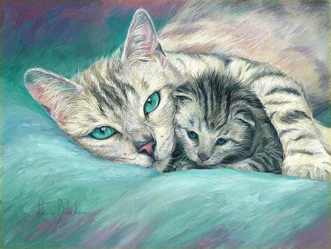 Art Pictura Pisici Mother Cat Kitten Lucie Bilodeau Blue