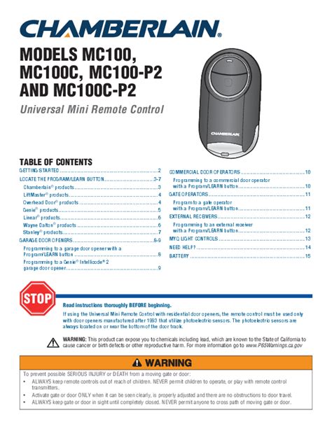 Genie Intellicode 2 Remote Control Programming Guide for Models MC100 ...