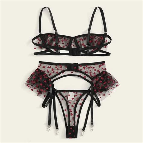 Billionm Woman Sexy Pajamas Heart Print Garter Sheer Lingerie Set Mesh Cupless Underwire Thong