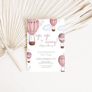 Pink Hot Air Balloon Baby Shower Invitation Template For Girl Up And Away Baby Shower Neven