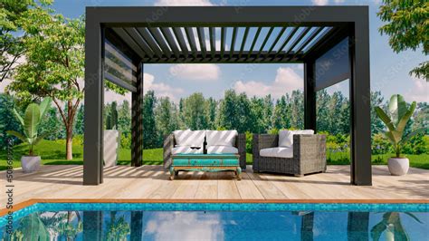 3d Render Of Modern Pergola On Outdoor Terrace Stock Illustration