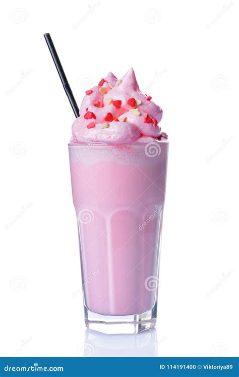 Crazy Pink Milk Shake With Whipped Cream Sprinkles And Black Straw In