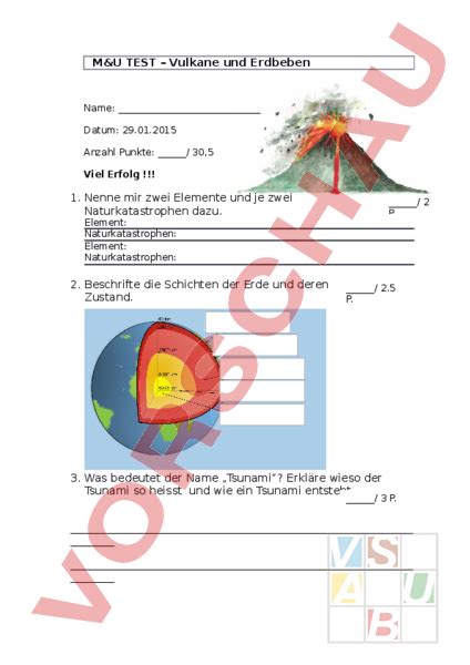 Arbeitsblatt Test Vulkane Geographie Geologie Tektonik Vulkanismus