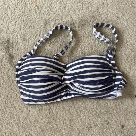 Navy Blue And White Striped Bikini Top With Padding Depop