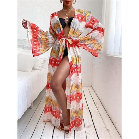 Robe Boho Imprimé Pareo Pour Bikini Camouflage Sexy Flare Manches Auto Ceinture Femmes D