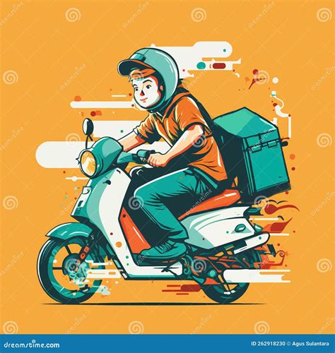 Food Delivery Man Riding Scooter Motorcycle Illustration Flat Style