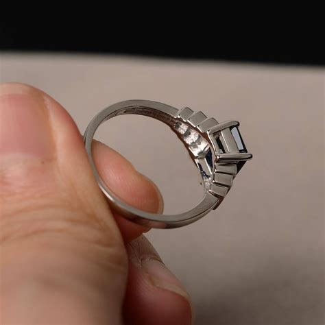 Emerald Cut Lab Blue Sapphire Ring Wedding Ring Sterling Etsy