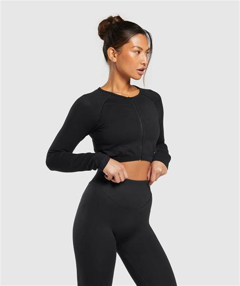 Gymshark Sweat Seamless Long Sleeve Zip Crop Top Black Gymshark